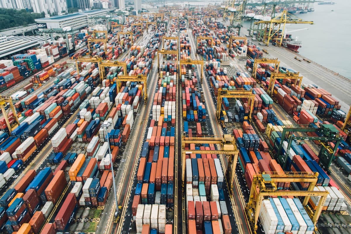 Cargo containers and freight operations at a logistics yard